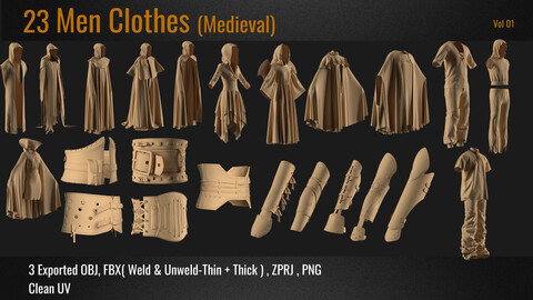 23 Medieval Men Clothes PACK . (VOL 01) ZPRJ+OBJ+FBX