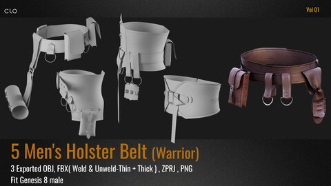 5 Men's Warrior Holster Belt PACK (VOL.01). Marvelous Designer/Clo3D project file+OBJ,FBX