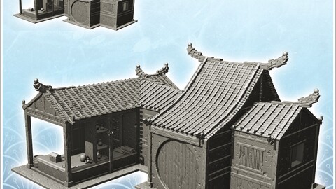 Asian house with canopy and round door (16) | STL for 3D Printing Printer | Hard Surface