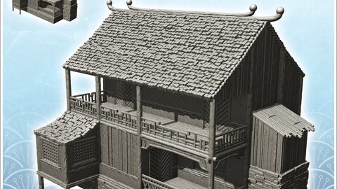 Asian building with annexes and double balconies (18) | STL for 3D Printing Printer | Hard Surface