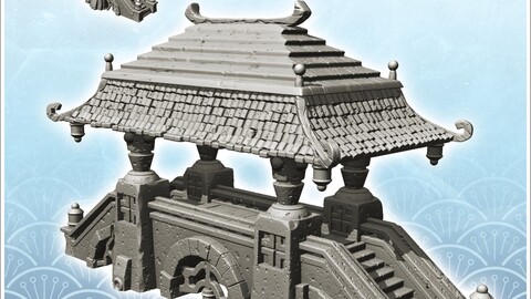 Asian bridge with double stairs and roof (20) | STL for 3D Printing Printer | Hard Surface