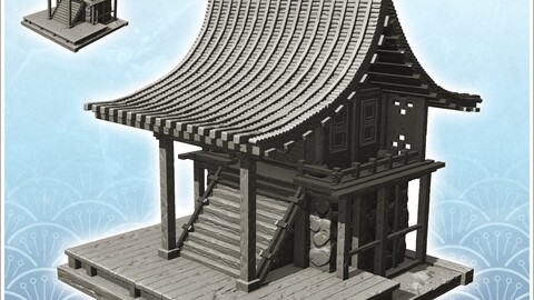 Asian building on platform with large access staircase (27) | STL for 3D Printing Printer | Hard Surface