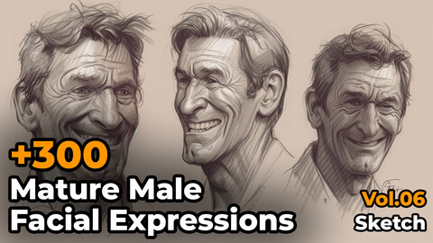 +300 Mature Male Facial Expressions Sketch Reference Images(4k)