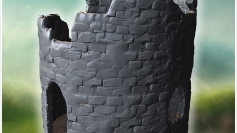 Rounded stone tower with crumbled upper walls, arched openings, and worn textures on bricks (16) | STL for 3D Printing Printer | Hard Surface