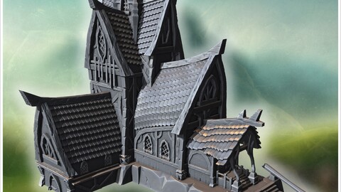 Spooky gothic mansion with tall spires, complex roofline, and elaborate stained-glass windows (20) | STL for 3D Printing Printer | Hard Surface