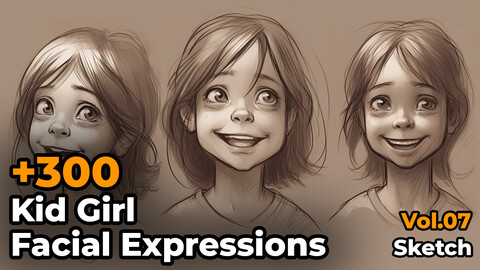 +300 Kid Girl Facial Expressions Sketch Reference Images(4k)