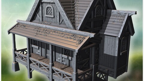 Rustic wooden cabin with wide porch, worn planks, and creeping vegetation accents (24) | STL for 3D Printing Printer | Hard Surface