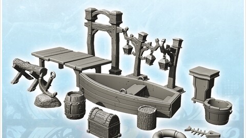 Fish shop accessory set with boat and exterior lights (3) | STL for 3D Printing Printer | Hard Surface