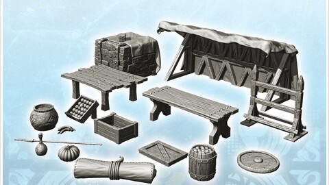 Traveling merchant accessory set with tent and tables (6) | STL for 3D Printing Printer | Hard Surface