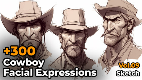 +300 Cowboy Facial Expressions Sketch Reference Images(4k)