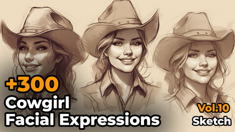 +300 Cowgirl  Facial Expressions Sketch Reference Images(4k)