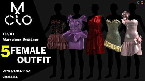 5 Female Outfit Collection / The 80s / 85%off / Clo3d / Marvelous designer / Project file / Obj / Fbx / Zprj