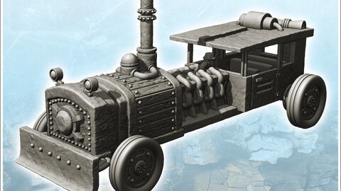 Steampunk car with chimney and bumper (1) | STL for 3D Printing Printer | Hard Surface