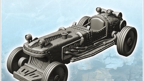 Single-seater steampunk race car with visible pipes (3) | STL for 3D Printing Printer | Hard Surface