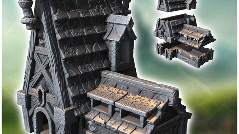 Medieval building with large penete roof and annex (43) | STL for 3D Printing Printer | Hard Surface