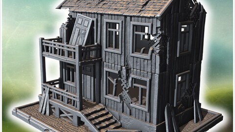 Damaged two-story wooden building with collapsed balcony, broken stairs, and shattered windows (37) | STL for 3D Printing Printer | Hard Surface