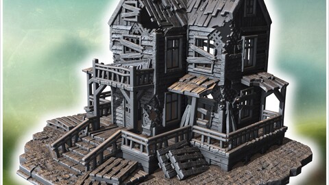 Ruined wooden tavern with broken balconies, collapsed porch, and damaged roof structure (39) | STL for 3D Printing Printer | Hard Surface