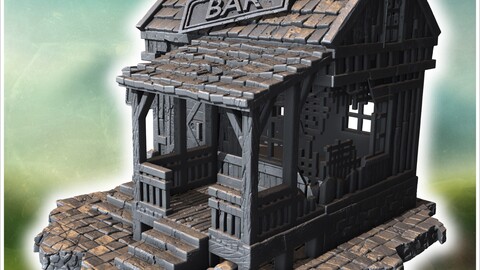 Wooden bar with a large porch, broken windows, damaged roof shingles, and scattered debris (41) | STL for 3D Printing Printer | Hard Surface