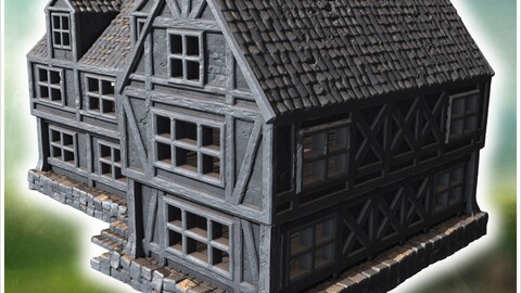 Large timber-framed building with multiple windows, tiled roof, and visible wooden beams (43) | STL for 3D Printing Printer | Hard Surface