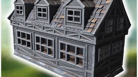 Long half-timbered building with dormer windows, steep roof, and intricate wooden details (47) | STL for 3D Printing Printer | Hard Surface