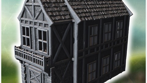 Timber-framed house with a wooden balcony, decorative beams, and a steep tiled roof (49) | STL for 3D Printing Printer | Hard Surface