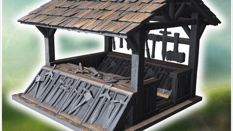 Open wooden market stall with a slanted roof, display shelves, and hanging tools (51) | STL for 3D Printing Printer | Hard Surface