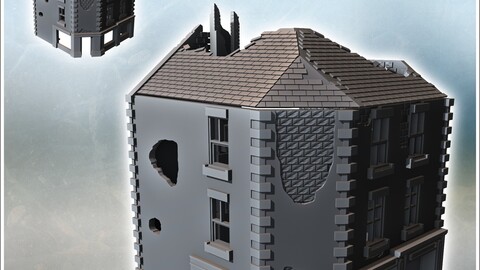 Corner ruin building with three-sided roof and ground-floor shop (14) | STL for 3D Printing Printer | Hard Surface