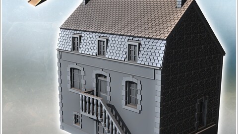 Modern Mansard-roofed building with access staircase and molded balustrade, and double chimneys (17) | STL for 3D Printing Printer | Hard Surface