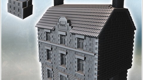 Modern two-story hotel with tiled roof and cut stone and brick walls (27) | STL for 3D Printing Printer | Hard Surface