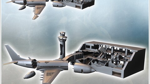 Destroyed modern airport with control tower and plane wreckage (1) | STL for 3D Printing Printer | Hard Surface