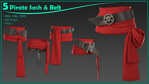 5 pirate sash and belt/ zprj+obj+fbx/ clo3d, marvelous designer/vol1