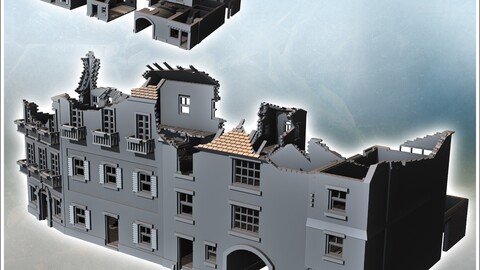 Set of European houses with balconies and arch (ruined version) (2) | STL for 3D Printing Printer | Hard Surface