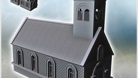 Brick church with multiple windows and a steeple (4) | STL for 3D Printing Printer | Hard Surface