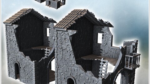 Set of two ruined houses with floors, access ladder, and balcony (5) | STL for 3D Printing Printer | Hard Surface