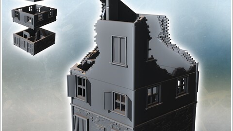 Modern two-story house with tiled roof and chimney (ruined version) (6) | STL for 3D Printing Printer | Hard Surface