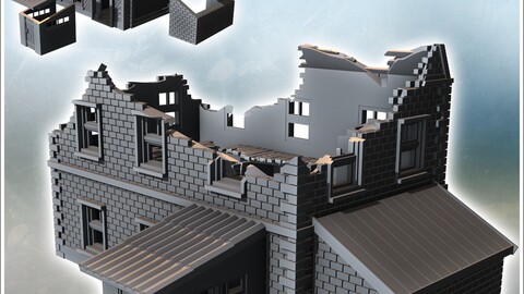 Brick building with two annexes and mansard roof (ruined version) (12) | STL for 3D Printing Printer | Hard Surface