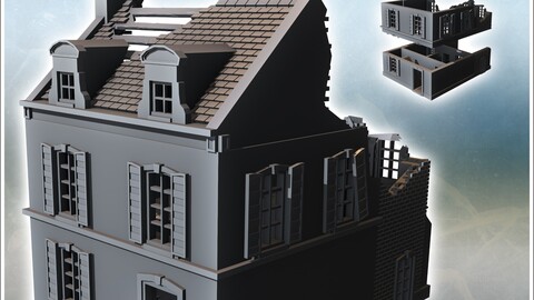 Two-story building with baroque-style roof windows and rear annex (ruined version) (35) | STL for 3D Printing Printer | Hard Surface