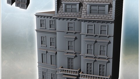 Large modern building in three parts with four floors and roof windows (36) | STL for 3D Printing Printer | Hard Surface