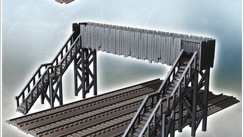 Pedestrian railway bridge with wooden plank walls and four railway tracks (39) | STL for 3D Printing Printer | Hard Surface