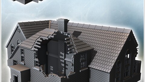 Large modern mansion with angled roof and central annex with chimney (destroyed version) (40) | STL for 3D Printing Printer | Hard Surface