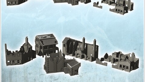 Set of five ruined European houses with plaster and stone walls (8) | STL for 3D Printing Printer | Hard Surface