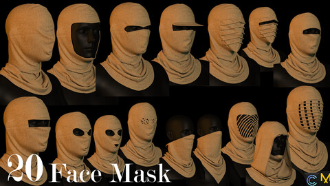 20 face mask (obj& fbx &zprj)  Marvelous Designer/Clo3D file - (a-pose, Zprj)    - OBJ files (thin unweld / thick unweld)    - FBX files (thin unweld / thick unweld)