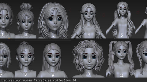 [Highpoly and Lowpoly] 12 Stylized cartoon anime Hair package 14 for female girl anime head man woman blonde brunette beautiful wig character hairstyle haircut human real time ingame lowpoly