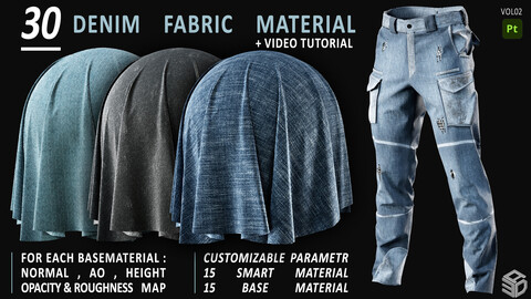 30 Denim Fabric Material - VOL02 / SBSAR File + SPSM File (15 Smart Material + 15 Base Material) + Video Tutorial