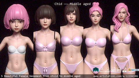 5 Fine-Looking Beautiful Female basemesh from 6 to 40 years mature sex cute old zbrush HighPloy 3D Print Mesh average character woman  female torso head body foot hand highpoly basemesh young anatomy