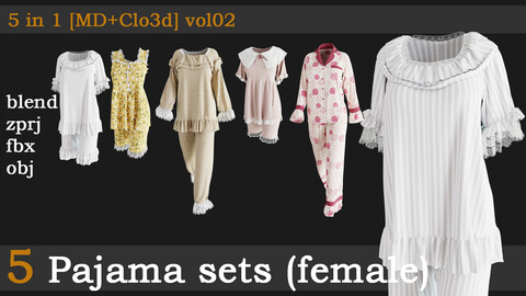 5 Pajama sets(female)[fbx+obj+zprj+blend][md+clo]vol02