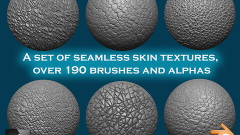 A set of seamless skin textures, over 190 brushes and alphas