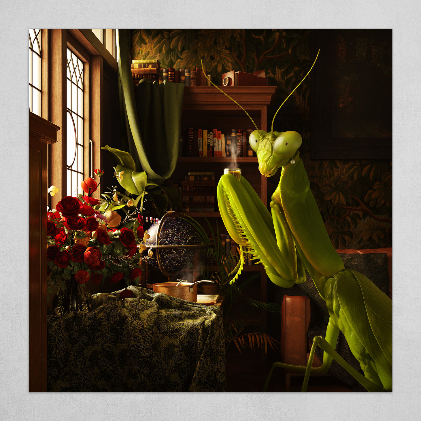 Praying mantis in morning light with chai