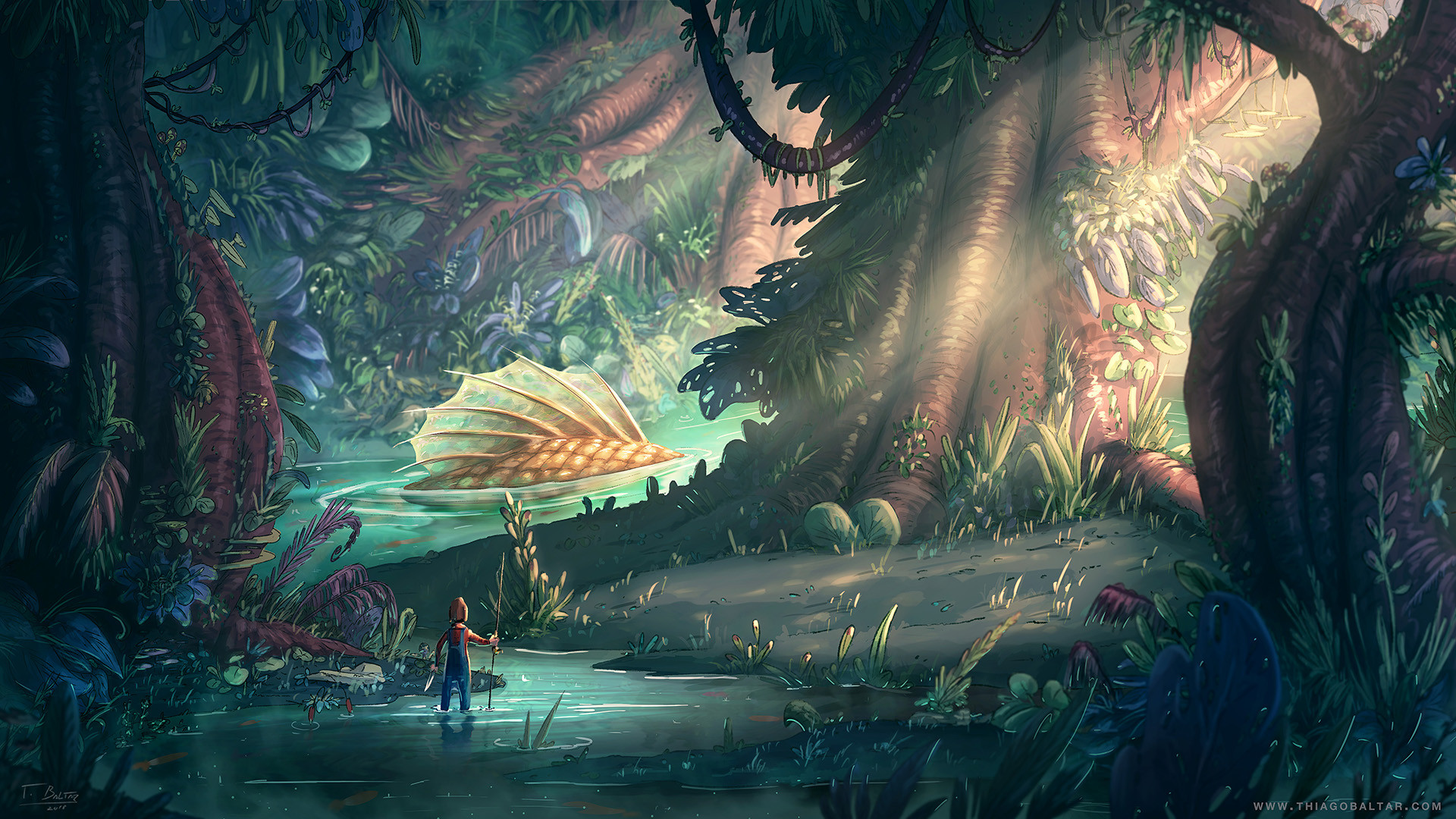 Wall Mural boy fishing on the swamp in tropical forest with glowing  butterflies, digital art style, illustration painting 